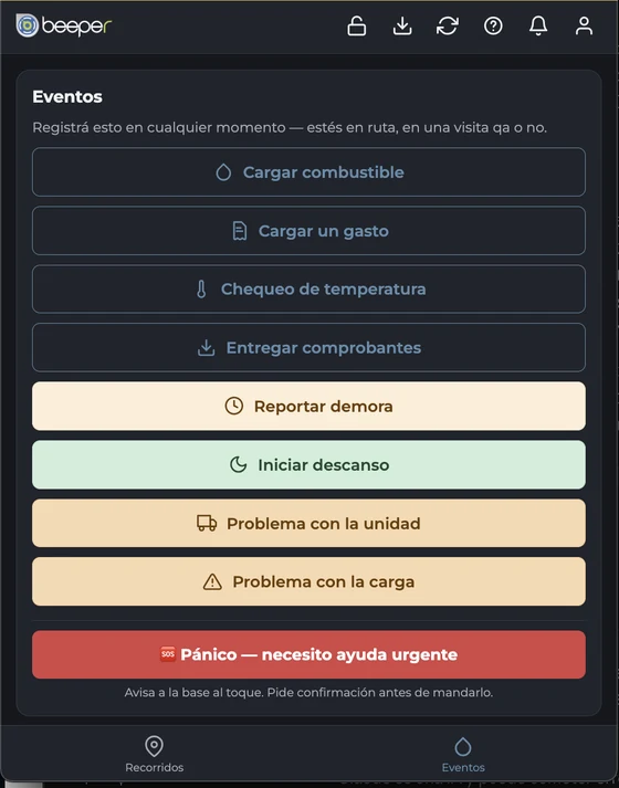Pantalla de eventos en Beeper: botones para cargar combustible, cargar un gasto, hacer un chequeo de temperatura, reportar demora, iniciar descanso y el botón de pánico.