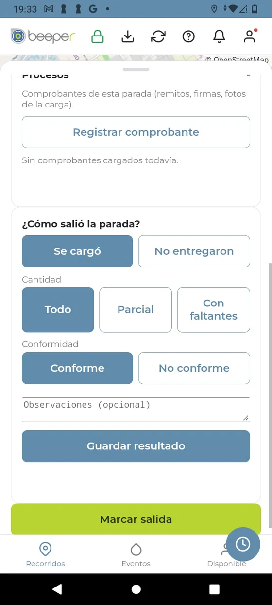 Beeper en un celular: la pantalla de resultado de una parada, con los comprobantes y los botones para declarar cómo salió la entrega.