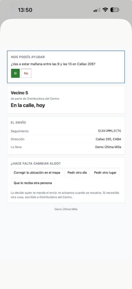 Pantalla del destinatario con una pregunta de la empresa: si va a estar mañana entre las nueve y las trece, con los botones Sí y No.