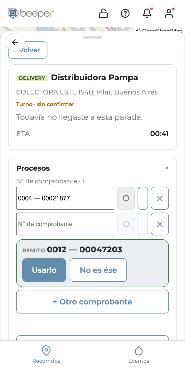Beeper en una parada de entrega: el lector propone el número de remito leído de la foto, con los botones Usarlo y No es ése.