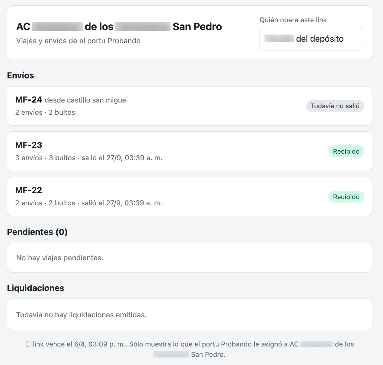 Portal del proveedor: los envíos que le asignaron, los viajes pendientes y sus liquidaciones, con la fecha en que vence el enlace.